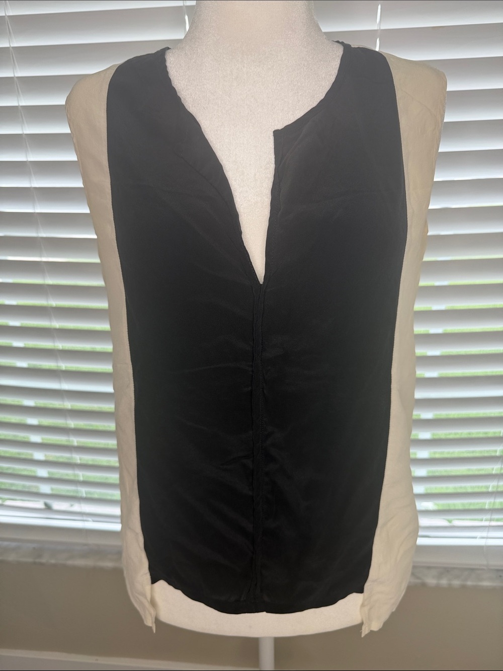 Women’s Black and Cream Sleeveless Split-Neck Top